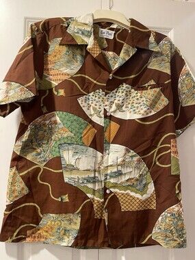 VTG Rai Nani Hawaiian Shirt Mens L  Polynesian Boat Island Floral Palm Tree